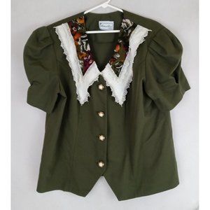 Matthew & David Womens Olive Green Career Blazer With Floral & Lace Collar Large